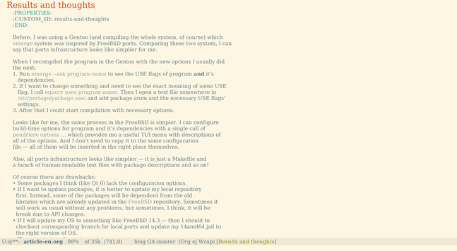 The source of one of my blog posts, written in OrgMode file and opened in the Emacs frame. Whole text in the frame (including the modeline) are colored in Solarized Light color scheme and using a DejaVu Serif font.