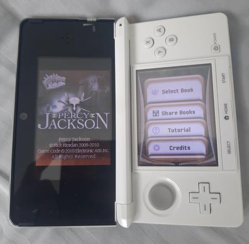 Percy Jackson book title screen on a white Nintendo 3DS.