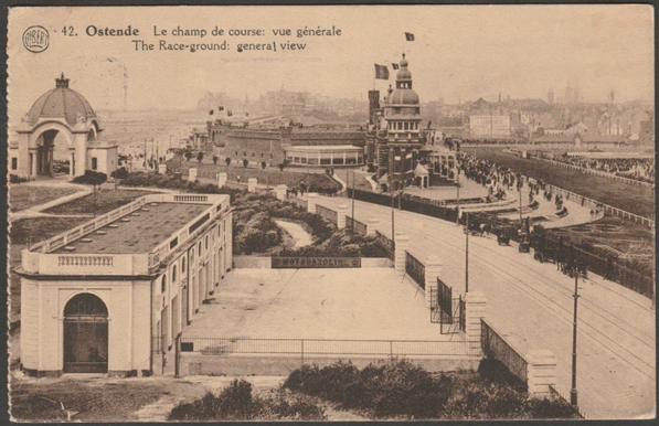 Printed sepia postcard showing a view of part of the race course at Ostend in West Flanders, Belgium.

Published by A. Tampère, Ostende, Albert, No 42.

Postally used on 4 August 1927 with Oostende cancellation and 'Visit Ostend' slogan postmark, stamp removed, and sent to Miss Springett, 6 Westborough Road, Westcliff-on-Sea, Essex, England.

Good condition, with slight corner bumps, but tiny knock to top left corner.