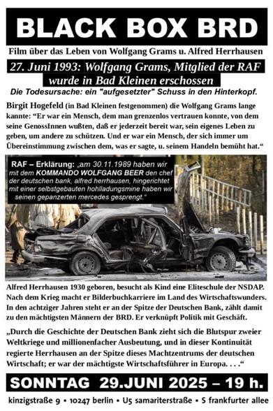 Der Flyer zum Film (Rückseite)  zeigt neben den Angaben aus dem Beitrag ein Foto des zerstörten Mercedes von Alfred Herrhausen