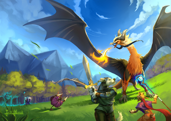 Fantasy battle scene with anthro characters: a paladin dog, a wizard goat (fauntastic's mascot) and a crow-bat rogue, facing a big furred orange and blue dragon. A forest is far in the background and beyond: dice shaped mountains. An old wizard seems to leave the forest and to observe what's happening.