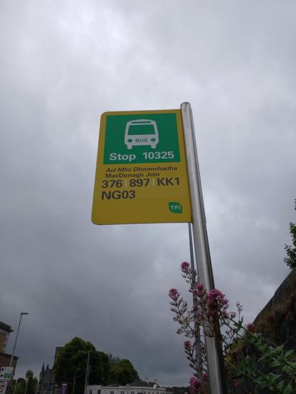 Bus stop sign showing the routes 376, 897, KK1 and NG03
