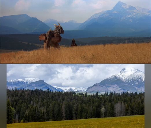 Východná location from Dragonheart. The upper image shows the dragon and bowen from behind, walking over the field. The lower image shows the scene without them, today.