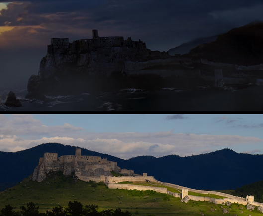 comparison of the film and actualy location. shows the castle of avalon from flight perspective.
