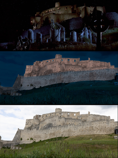 draco sitting on a collection of columns against the background of a stunning castle in the night