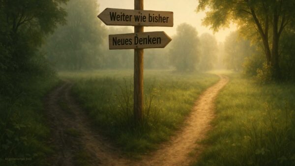 In einer sanft beleuchteten Waldlichtung gabelt sich ein breiter, naturbelassener Pfad in zwei Richtungen. Zwischen den Wegen steht ein hölzerner Wegweiser mit zwei Schildern: Das obere zeigt nach links und trägt die Aufschrift „Weiter wie bisher“, das untere zeigt nach rechts und lautet „Neues Denken“. Der linke Weg wirkt schattiger und dunkler, während der rechte in helles Morgenlicht führt. Die Szene wirkt ruhig und symbolträchtig – ein Bild für Entscheidung und Wandel. Unten links steht dezent: „KI generiertes Bild“.