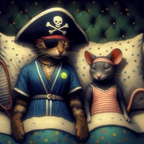 KI-Bild (DALL•E3):

Katz und Meeps in ihrem luxuriösen Hotelbett. Beide schlafen tief und fest, nachdem sie Carlos Alcaraz' Gewinn der French Open gestern fröhlich gefeiert haben. Die Kaffeekatze hat noch ihr Piratenhütchen auf und neben ihr liegt ein Tennisracket. Beide Süßies schnarchen niedlich.