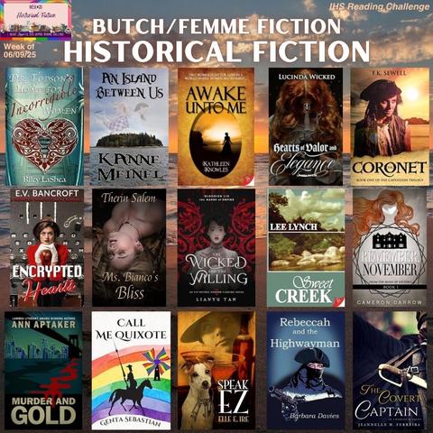 Book covers for the I Heart SapphFic reading challenge category for the week of 06/09/25 on a shoreline/distant horizon background: Historical Fiction.