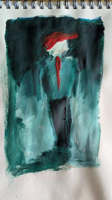 A rough sketch of a person in blue and green wearing a red cap and a red tie