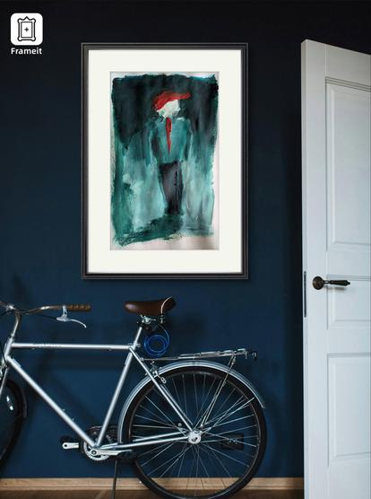 A rough sketch of a person in blue and green wearing a red cap and a red tie, digitally framed. The painting is in front of a blue wall, above a bicycle