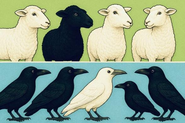vier Schafe stehen in der oberen Reihe, eines ist schwarz, fünf Raben in der unteren Reihe, einer ist schwarz