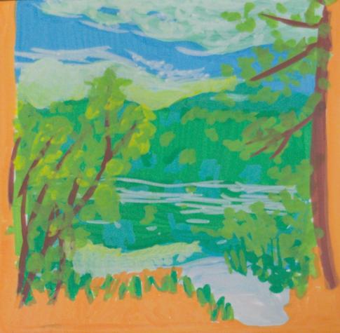 Peinture à l'acrylique d'un lac avec des couleurs vives.
Au premier plan quelques plantes et un arbre, puis le lac avec le reflet du 3ème plan qui est une forêt. Enfin on voit le ciel bleu avec des nuages.