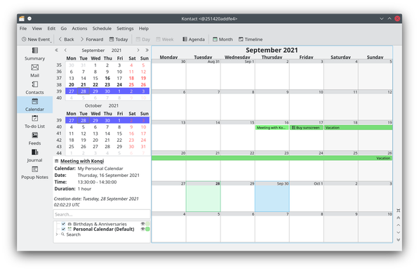 A screenshot of KDE'S Kontact application.