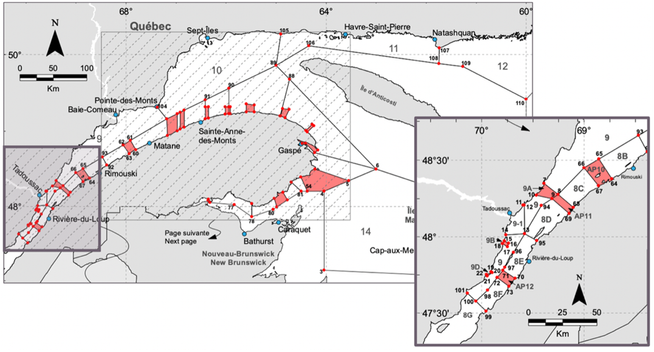 A map of fishing destinations along the St. Lawrence.