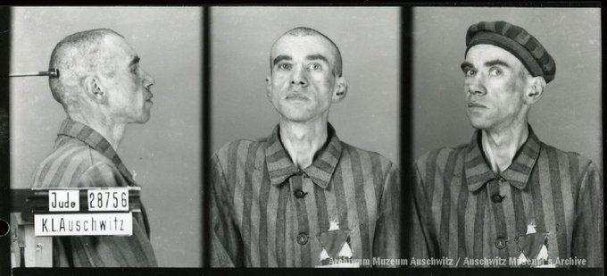 A mugshot registration photograph from Auschwitz. A man with a shaved head wearing a striped uniform photographed in three positions (profile and front with bare head and a photo with a slightly turned head with a hat on). The prisoner number is visible on a marking board on the left.
