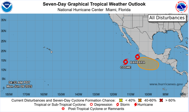 Two cyclones marked on a map