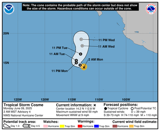 Path for Tropical STorm Cosme, expected to become a depression by wed