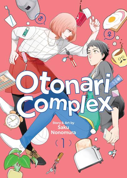 Cover of volume one of “Otonari Complex” by Saku Nonomura

Makoto, in women’s clothes, stands over Akira, in boyish clothes. Mars and Venus signs are near them, respectively. About them float various everyday items such as keys, coffee cups, and makeup.