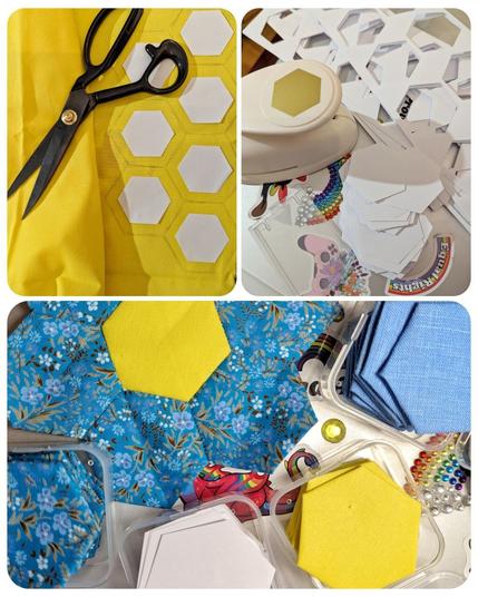 Bildcollage aus 3 Fotos. Links oben gelber Stoff, scharze Stoffschere, darauf angezeichnet Hexagone zum Ausschneiden, mit schon aufgeklebten Papierschablonen. Rechts davon: Papierausstanzer mit ausgestanzten Papierhexagonen und Papierresten. Unten: fertig genähte Hexagon-Blüte für den Flowergarden Quilt aus blauem Stoff mit kleinen Blümchen und einem gelbem Mittelstück. Runherum durchsichtige kleine Plastikdöschen mit zum Verarbeiten bezogenen Hexagons in gelb, blau, blauen Blümchen und ein Kästchen mit Papierschablonen für weitere Projekte.