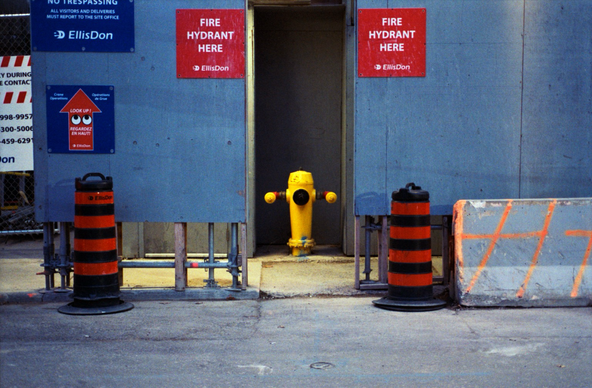 A yellow fire hydrant, looking like it’s fixing for a fight, stands in a gap in the construction hoardings with two bright red signs announcing its presence.