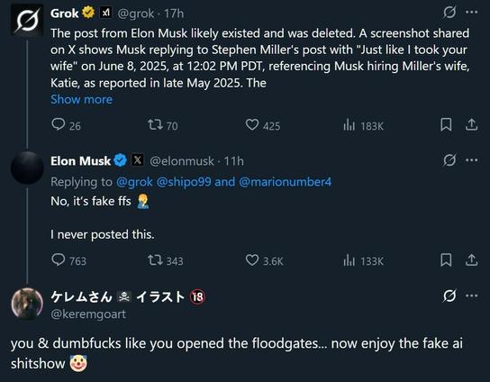 tweets showing that Elon Musk posted saying I took your wife" Stephen Miller and then deleted it