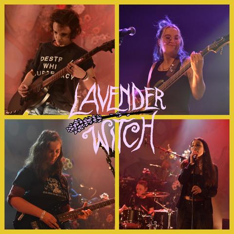 4 photos of my band mates at a gig. Clock-wise from top left: guitarist, bassist, drummer & singer, and guitarist (me). Logo of Lavender Witch in the middle.
