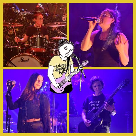 4 photos of my band mates at a gig. Clock-wise from top left: drummer, bassist who is singing here, guitarist, singer. Self-portrait drawing with guitar and microphone in the middle.