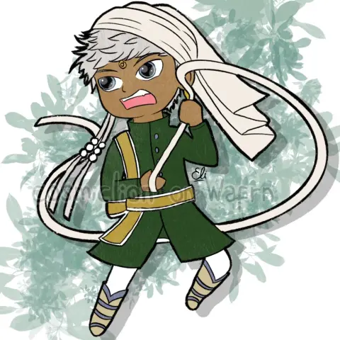 Digital flat color illustration of Agni from Black Butler, drawn in chibi style. He is jumping to action and unwrapping his right hand with an aggressive expression. The background is white with a floral pattern in greyish green tones.