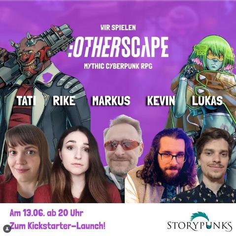 Tati, Rike, Markus, Kevin und Lukas von Brookslive vor den Charakteren Wilson und Unagi aus dem Otherscape Rollenspiel.