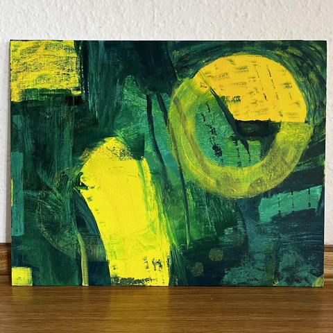 Abstraktes Bild, Acrylfarben auf Leinwand, in Gelb und Grün