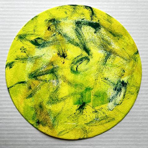 Rundes abstraktes Bild, Acrylfarben auf Leinwand, in Gelb, Blau und Grün