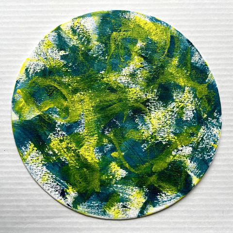 Rundes abstraktes Bild, Acrylfarben auf Leinwand, in Gelb, Blau und Grün