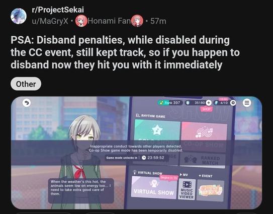PSA: Disband penalties, while disabled during the CC event, still kept track, so if you happen to disband now they hit you with it immediately