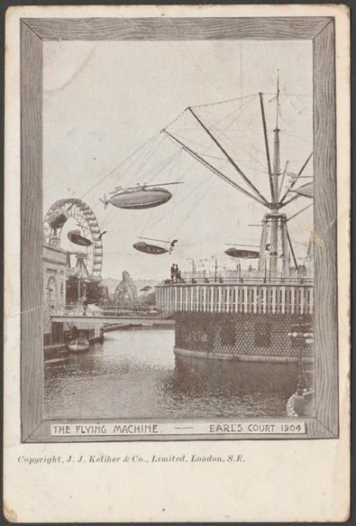 Printed monochrome postcard showing a view of the Flying Machine at the Earl's Court exhibition in London in 1904.

Published by J J Keliher & Co Limited, London, not numbered.

Postally used on 31 August 1904 with double circle Barnes cancellation on green halfpenny stamp and sent to Miss Olive Hocken, Treruffe Terrace, Redruth, Cornwall.

Poor condition, with slight corner bumps, but large light crease to top right, large crease across centre and large amount of foxing to the back.
