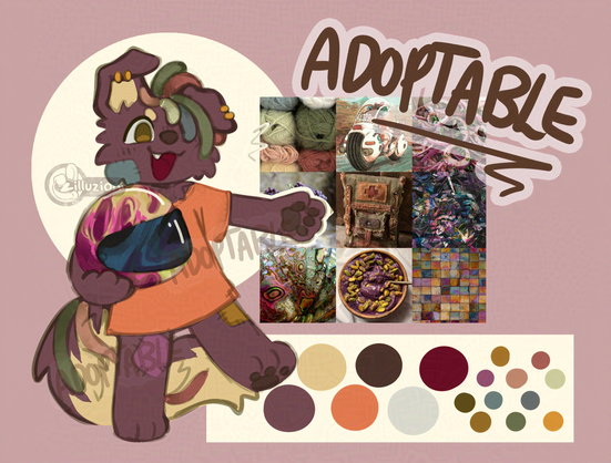 a character design for a dark purple puppy plush character with colourful patches across their body and hair made of yarn, in contrast to their soft and cute appearance, they also have golden ear piercings and hold a large motorcycle helmet.