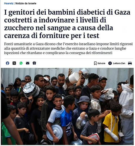 Credit: AFP/Eyad Baba

L'immagine è lo screenshot di un articolo di notizie dal sito "Haaretz | Notizie da Israele".

Ecco una descrizione dettagliata:

Testo dell'articolo:

Titolo: "I genitori dei bambini diabetici di Gaza costretti a indovinare i livelli di zucchero nel sangue a causa della carenza di forniture per i test".
Sottotitolo: Il testo spiega che, secondo fonti umanitarie, l'esercito israeliano impone limiti e lunghe ispezioni sulle attrezzature mediche dirette a Gaza, causando ritardi e complicazioni nella consegna dei rifornimenti.
Fotografia:

Sotto il testo dell'articolo, è presente una fotografia che mostra una folla di persone, in gran parte composta da bambini e ragazzi.
Molte di queste persone tengono in mano pentole, piatti e contenitori vuoti, sollevandoli come in attesa di ricevere qualcosa.
L'espressione sui loro volti e la scena nel suo complesso suggeriscono una situazione di difficoltà e di bisogno, probabilmente in fila per una distribuzione di cibo o altri aiuti umanitari. L'atmosfera generale è di precarietà e sofferenza.