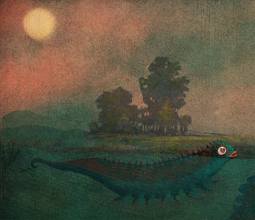On a tiny orange leaf, sits a small monster as he floats across large, dark lake. A strange swimming creature approaches from behind, causing him to become slightly alarmed. Below the waterline, multiple fish and monsters move at different speeds through the murky depths.