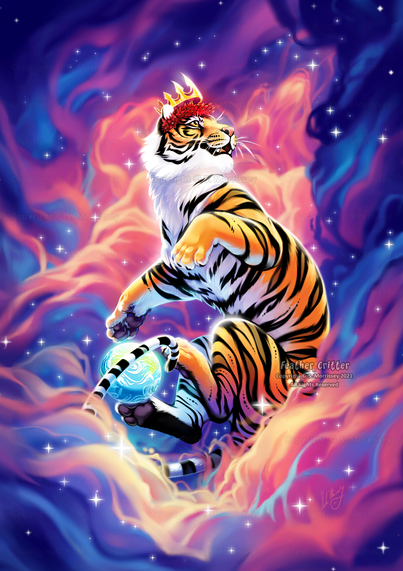 A painting of a tiger floating in a purple nebula, its tail curled around the planet Earth. It wears a crown of metal and a crown of flowers.