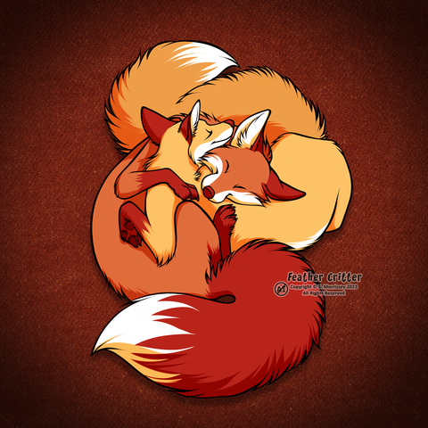 A cartoony drawing of two orange foxes curled around each other, looking comfortable and happy.