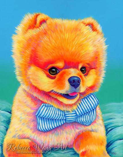 A colorful pet portrait of an orange Pomeranian dog wearing a striped bow tie.