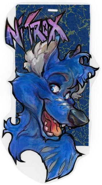 Large watercolor badge featuring a blue canine with silver makings and a big grin. The name reads Nitrox.