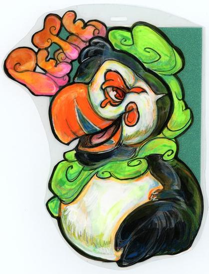 Oversized watercolor badge featuring a chill puffin with green smoke. The name reads Pete.