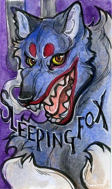 Ink with color splash badge featuring a grinning fox with red markings and multiple tails, the name reads Sleeping Fox.