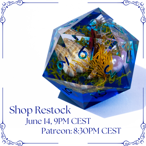 A oversized D20 with an underwater diorama on white background. Underneath the words "Shop Restock", "June 14, 9pm CEST" and "Patreon: 8:30pm CEST" on three lines.