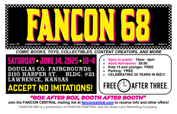 Flyer for a "Fancon 68," a convention for comics, toys, collectibles, and more in Lawrence, KS.