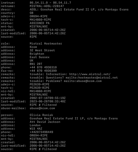 Whois für "Mistral ADSL" in uk.