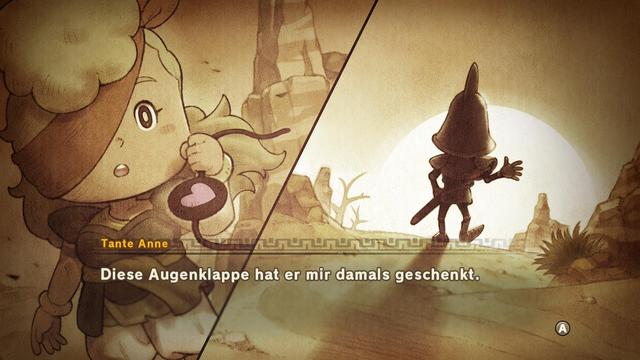 Das Bild zeigt eine Szene aus dem Spiel "Fantasy Life". Auf der linken Seite des Bildes ist ein Charakter namens "Tante Anne" zu sehen, der ein rundes Gesicht mit großen Augen hat. Sie hält eine Augenklappe mit einem Herz darauf in der Hand und scheint überrascht oder besorgt zu sein. Auf der rechten Seite des Bildes steht ein kleinerer Charakter mit einem spitzen Hut und einem Umhang, der in Richtung eines hellen Lichts oder einer Lichtquelle schaut, die wie eine Sonne oder ein Portal aussieht. Der Hintergrund besteht aus einer Wüstenlandschaft mit Felsen und Sand. Im unteren Teil des Bildes gibt es einen Text auf Deutsch, der lautet: "Diese Augenklappe hat er mir damals geschenkt."