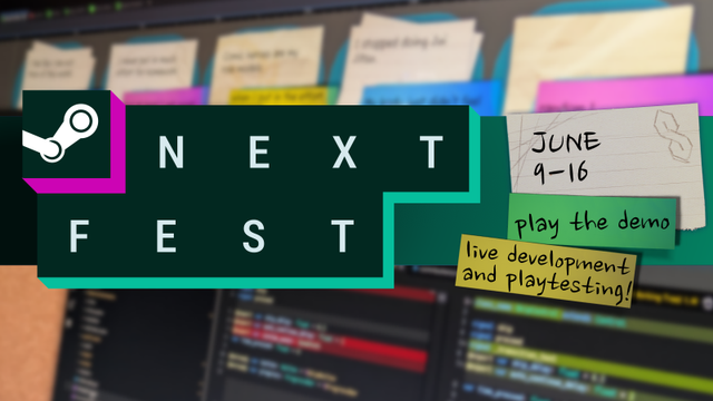 Steam Next Fest June 9-16.
Play the demo.
Live development and playtesting!

Sharepic with a purple-green steam design, some sticky notes and a blurry git diff in the background.