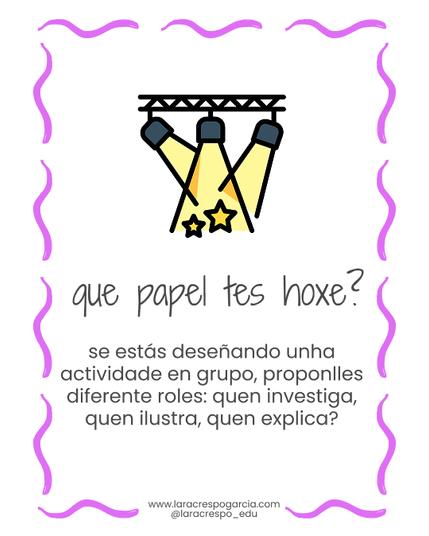Vese un debuxo duns focos, como se foran dun teatro. Léese: "que papel tes hoxe? se estás deseñando unha actividade en grupo, proponlles diferente roles: quen investiga, quen ilustra, quen explica?"