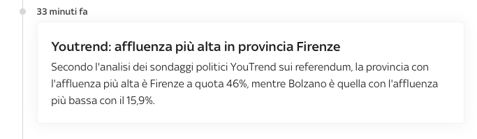 skytg 24 mostra che l'affluenza piu alta è in provincia di Firenze, più bassa a Bolzano dati Youtrend